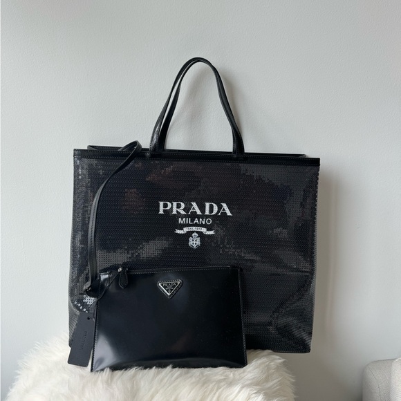 Brand new PRADA Mesh Sequin Spazzolato Logo Tote Black - Picture 1 of 6